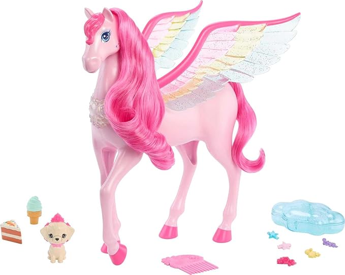 Barbie Doll Toys, Pegasus Pink Winged Horse Toy with 10 Accessories