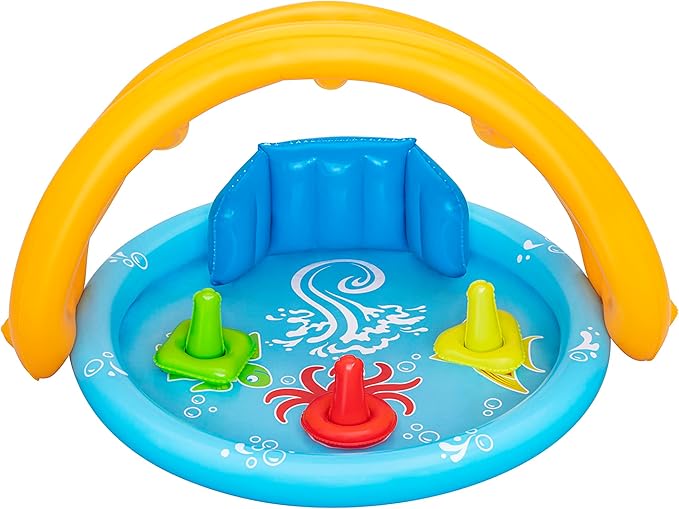 Bestway Seashapes Splash Pad Sensory Baby Water Pool with Backrest, Sunshade, and Playset
