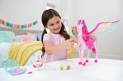 Barbie Doll Toys, Pegasus Pink Winged Horse Toy with 10 Accessories