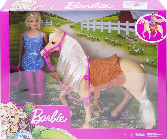 Barbie Playet with Blonde Fashion Doll in Riding Outfit & Light Brown Horse