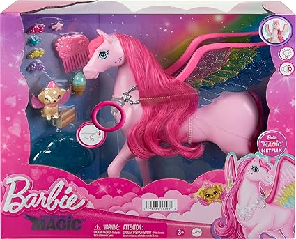 Barbie Doll Toys, Pegasus Pink Winged Horse Toy with 10 Accessories