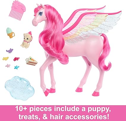 Barbie Doll Toys, Pegasus Pink Winged Horse Toy with 10 Accessories
