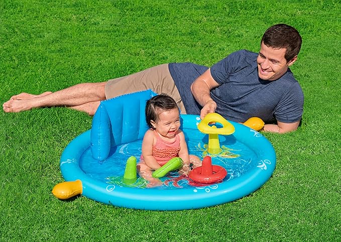 Bestway Seashapes Splash Pad Sensory Baby Water Pool with Backrest, Sunshade, and Playset