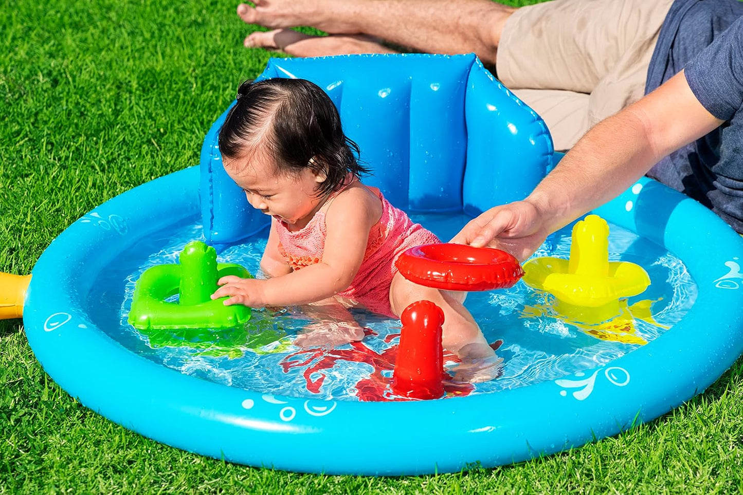 Bestway Seashapes Splash Pad Sensory Baby Water Pool with Backrest, Sunshade, and Playset