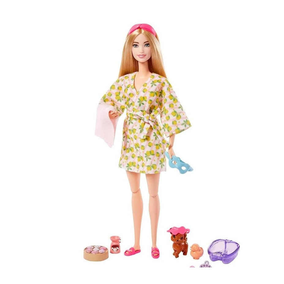 Barbie Self-Care Doll, Blonde Posable Spa Day Doll in Lemon Bathrobe by Mattel