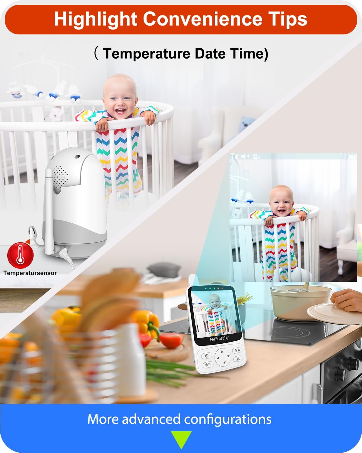 HelloBaby WiFi-Free Baby Monitor with Voice-Activated Night Vision