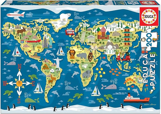 Educa - World Map, Sean Sims, 200 Piece Children's Puzzle