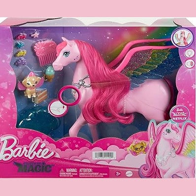 Barbie Doll Toys, Pegasus Pink Winged Horse Toy with 10 Accessories by Mattel