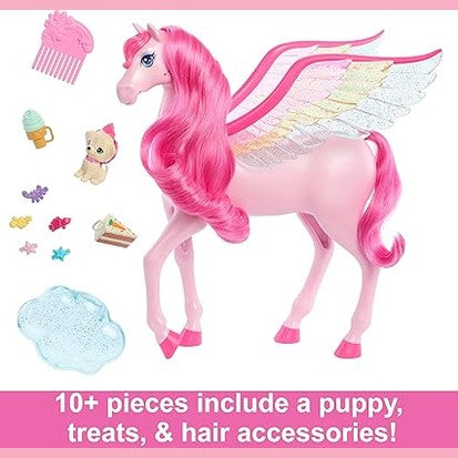 Barbie Doll Toys, Pegasus Pink Winged Horse Toy with 10 Accessories by Mattel
