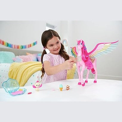 Barbie Doll Toys, Pegasus Pink Winged Horse Toy with 10 Accessories by Mattel