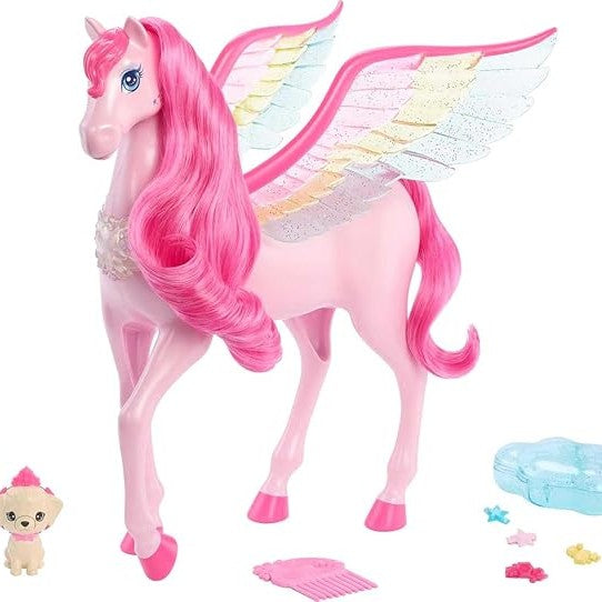 Barbie Doll Toys, Pegasus Pink Winged Horse Toy with 10 Accessories by Mattel