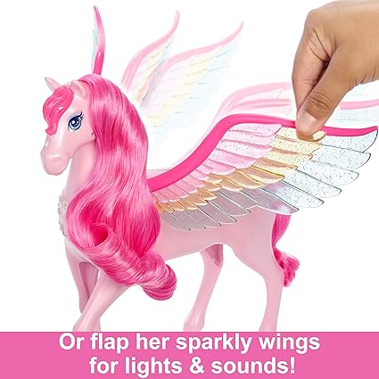 Barbie Doll Toys, Pegasus Pink Winged Horse Toy with 10 Accessories by Mattel