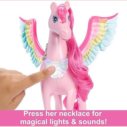 Barbie Doll Toys, Pegasus Pink Winged Horse Toy with 10 Accessories by Mattel