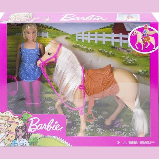Barbie Playet with Blonde Fashion Doll in Riding Outfit & Light Brown Horse by Mattel