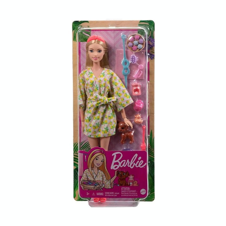 Barbie Self-Care Doll, Blonde Posable Spa Day Doll in Lemon Bathrobe by Mattel