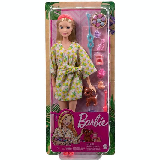 Barbie Self-Care Doll, Blonde Posable Spa Day Doll in Lemon Bathrobe by Mattel