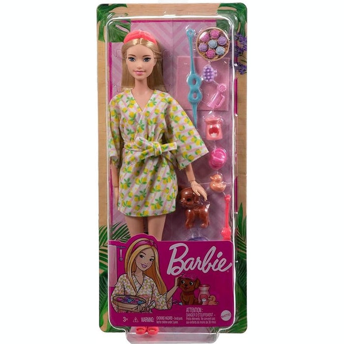 Barbie Self-Care Doll, Blonde Posable Spa Day Doll in Lemon Bathrobe
