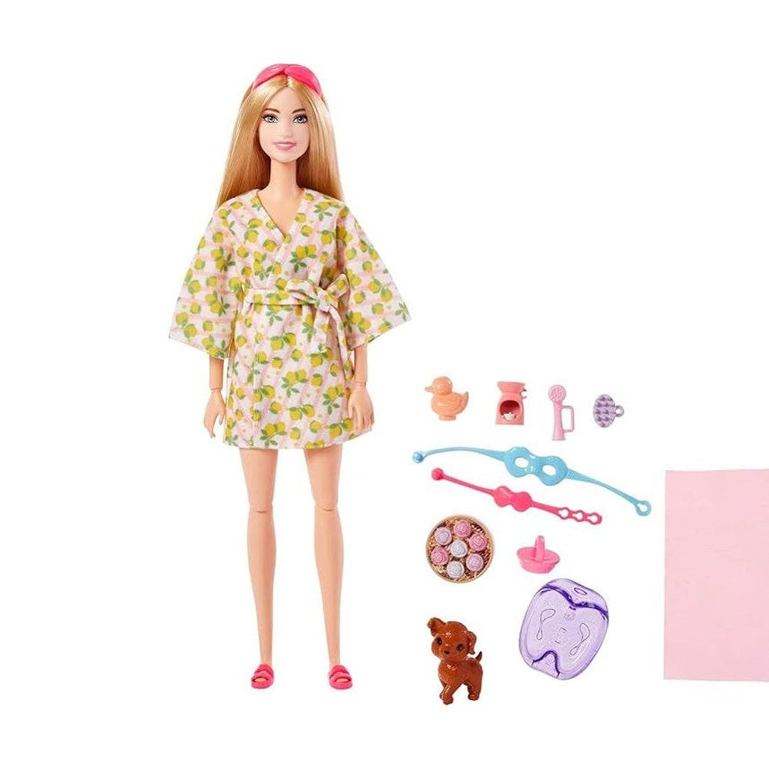 Barbie Self-Care Doll, Blonde Posable Spa Day Doll in Lemon Bathrobe by Mattel