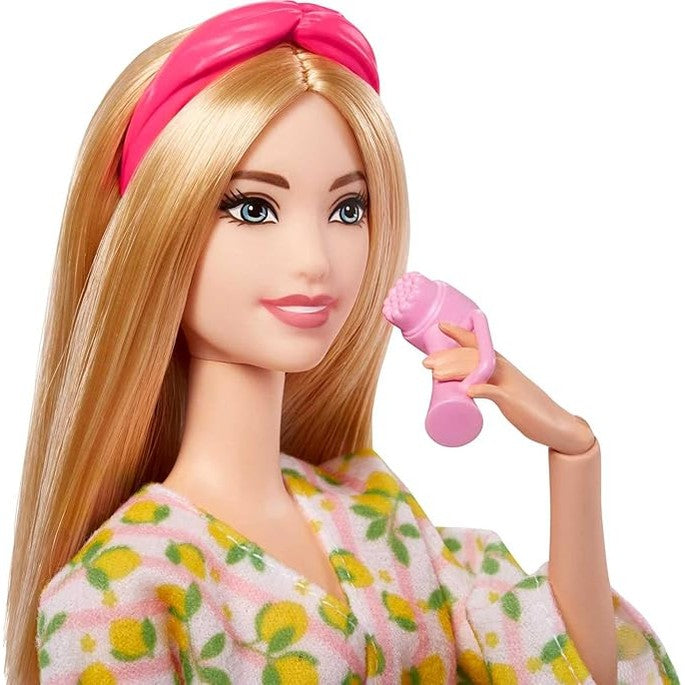 Barbie Self-Care Doll, Blonde Posable Spa Day Doll in Lemon Bathrobe by Mattel