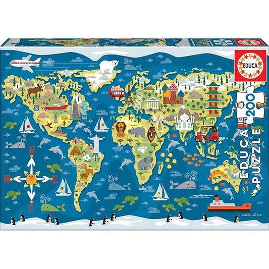 Educa - World Map, Sean Sims, 200 Piece Children's Puzzle by Educa