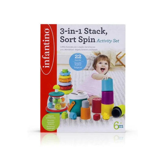 Infantino – 3 IN1 Stack, Sort Spin Activity Set by Blue Box Kids