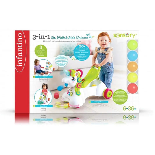 Infantino – 3 In 1 Sit, Walk & Ride Unicorn by Blue Box Kids